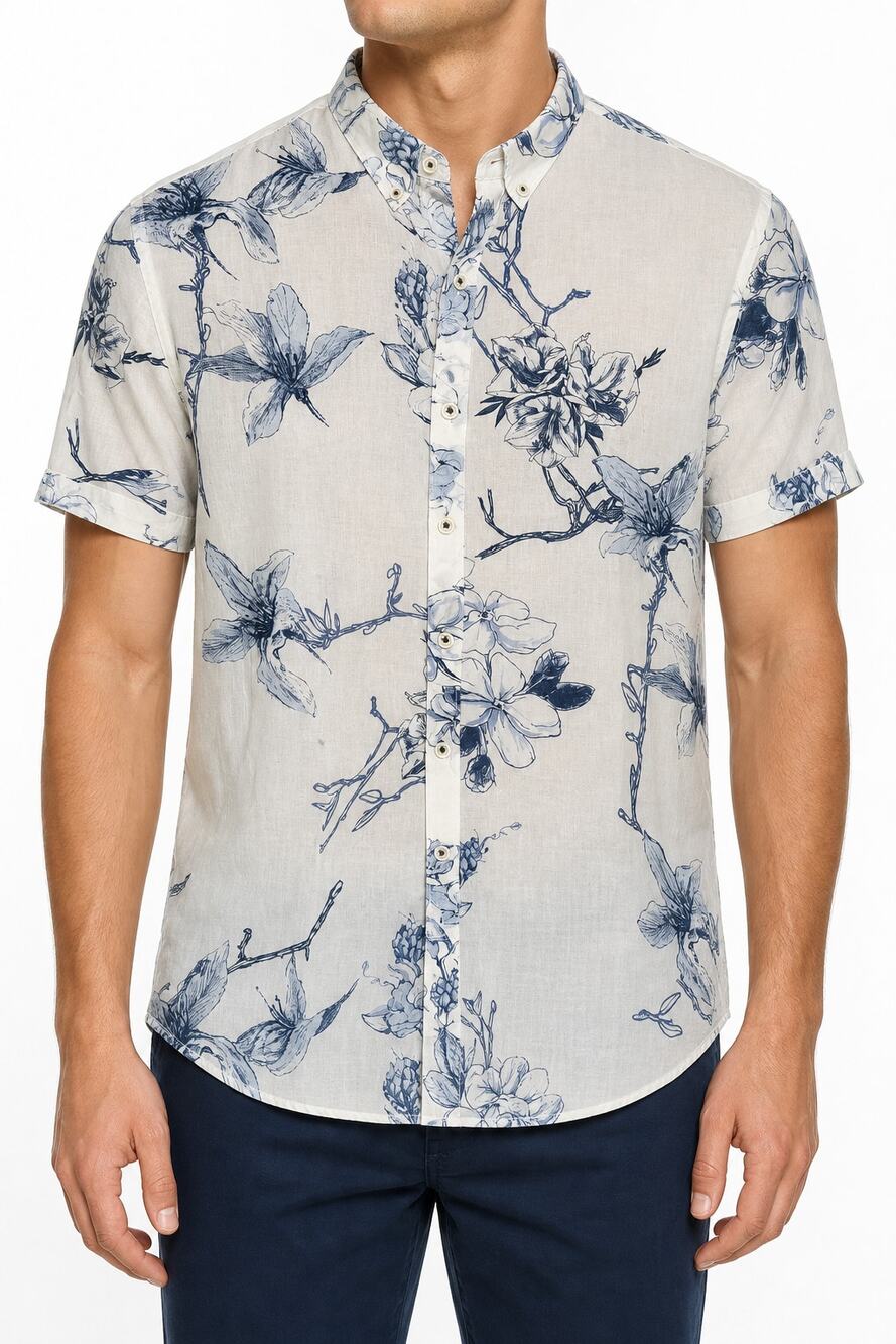 Denim & Flower Ricky Singh Slim Fit Floral Short Sleeve Shirt Mens L Cotton